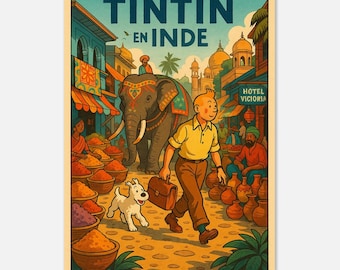 Tintin in India Print – Retro Comic Book Travel Poster on Premium Matte Paper | Vintage Elephant & Spice Wall Art