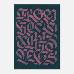 Green/Pink Calligraphy Wall Art Print – Bold Abstract Lettering on Dark Teal Background | Modern Statement Poster