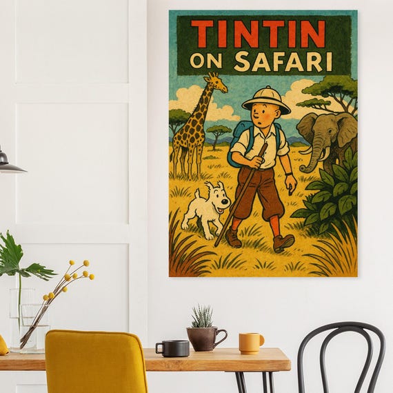 Tintin on Safari Print – Retro Comic Book Wildlife Poster on