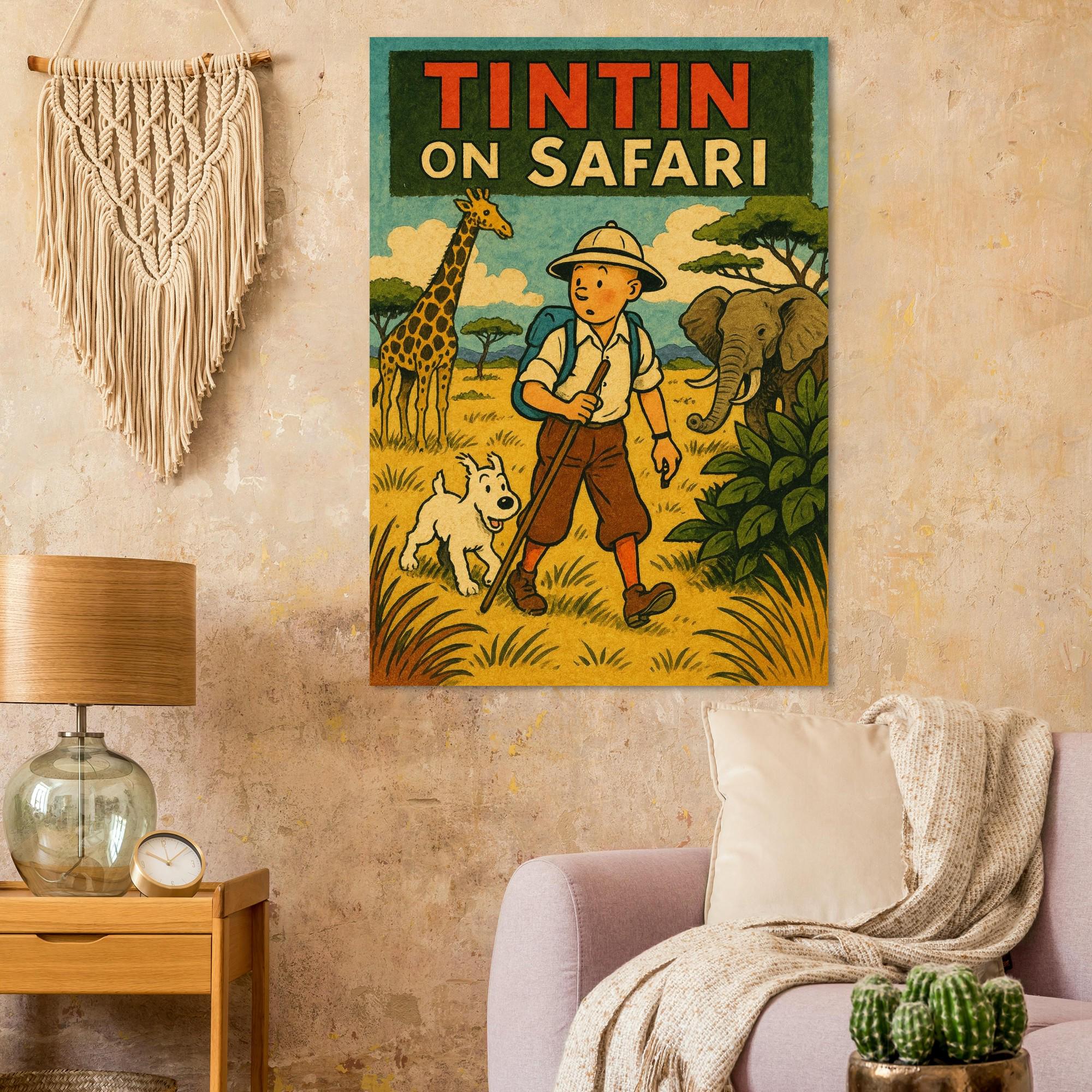Tintin on Safari Print – Retro Comic Book Wildlife Poster on