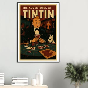 Póster de póker de Tintín/Arte mural: Impresión de póster de casino vintage, estilo cómic retro, enmarcado, decoración de naipes de Tintín para sala de juegos, bar y estudio.