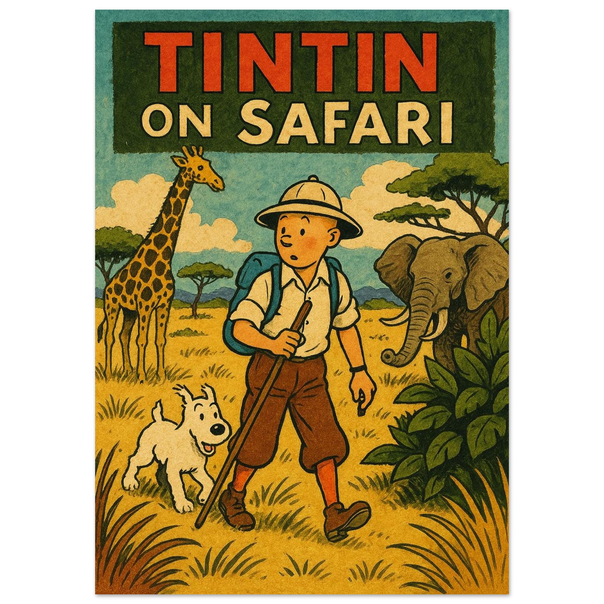 Tintin on Safari Print – Retro Comic Book Wildlife Poster on
