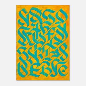 Gold/Turquoise Calligraphy Wall Art Print – Bold Abstract Lettering on Bright Yellow Background | Modern Colourful Poster