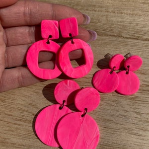 Neon Pink Statement Earrings, Bright Hot Pink Earrings, Chunky Clay Neon Earrings, Handmade Clay Earrings, FREE Shipping USA