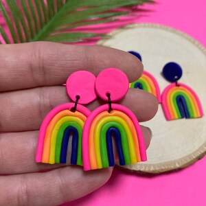 Rainbow Earrings, Neon Rainbow PRIDE Statement Earrings, Bright LGBTQ+ Rainbow Earrings, Neon Clay Earrings, Handmade - FREE Shipping