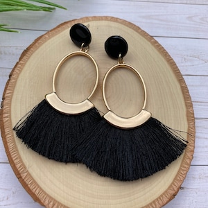Black and Gold Statement Earrings, Black Brushy Tassel Earrings, Handmade Clay Earrings with Hoop Tassel, Handmade in the USA, FREE Shipping