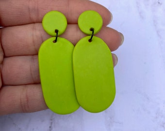 Chartreuse Statement Earrings, Bright Lime Green Earrings, Oval Green Earrings, Lightweight Handmade Clay Earrings, FREE Shipping to the USA