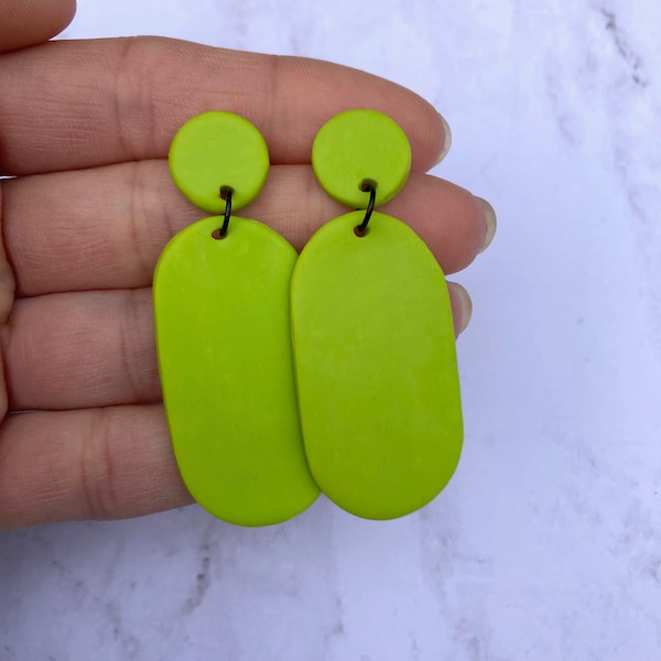 Chartreuse Statement Earrings, Bright Lime Green Earrings, Oval Green Earrings, Lightweight Handmade Clay Earrings, FREE Shipping to the USA