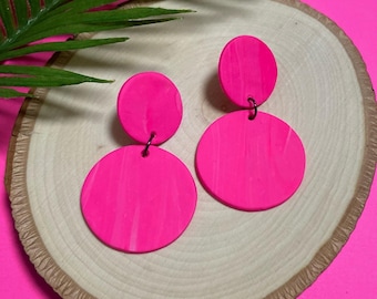 Neon Pink Statement Earrings, Bright Hot Pink Earrings, Chunky Clay Neon Pink Earrings, Handmade Clay Earrings, FREE Shipping USA