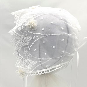 Embroidered Net Christening/Baptism Bonnet, Off- White Lace Bonnet
