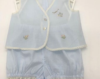 Light Blue Diaper Set with Bird and Flower Embroidery  0-3 months