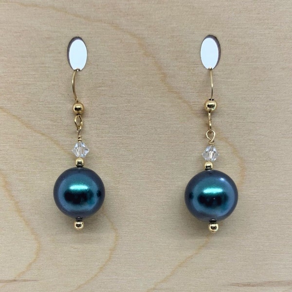 Swarovski Tahitian Pearl Earrings with Gold Filled Accents, Teal Blue Pearl Earrings