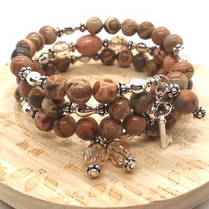 Safari Jasper Sterling Silver Memory Wire Bracelet with Key Charm