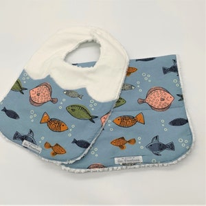 Gender Neutral Chenille Bib Set, Fish Print Bib Set