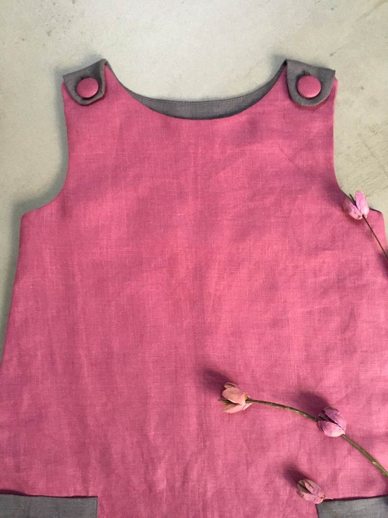 Girls pinkgrey linen dress with pockets for ages 1-16