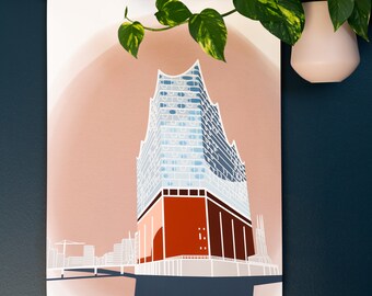 Kunstdruck Hamburg Elbphilharmonie, Elphi, Elbe, Hafen, Hafencity, Hafenkrähne, Skyline, Hahnemühle Fine-Art Print, Watercolour, minimalist