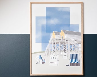 Art print Sankt Peter Ording, SPO, North Sea, beach, stilt house, beach chair, Hahnemühle Fine-Art Print, Poster, Watercolor, minimalist