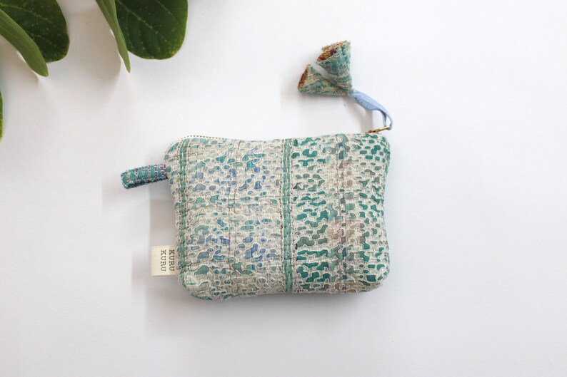 Upcycled coin pouch zero waste sustainable gift Airi-Vintage Kantha quilt pouch Boho boro small purse with metal zip and tassels