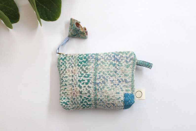 Upcycled coin pouch zero waste sustainable gift Airi-Vintage Kantha quilt pouch Boho boro small purse with metal zip and tassels