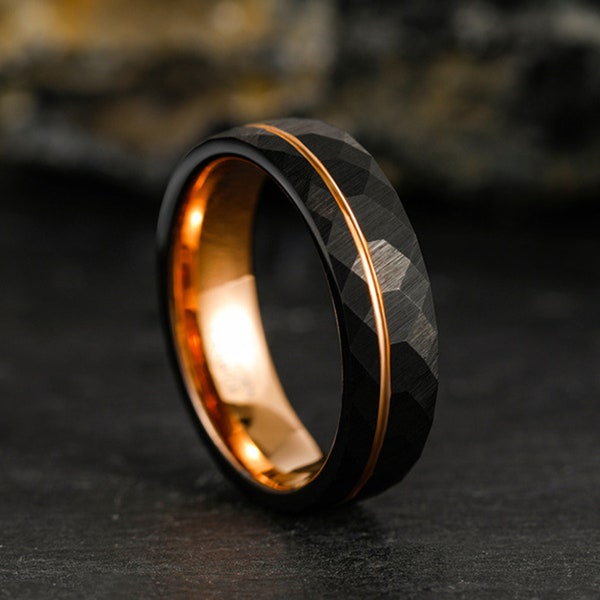 Mens Wedding Ring Rose Gold Strip, Black Hammered Tungsten Carbide Ring, Mens Wedding Band, Mens Ring, Black Ring Comfort Fit 8mm 6mm 4mm