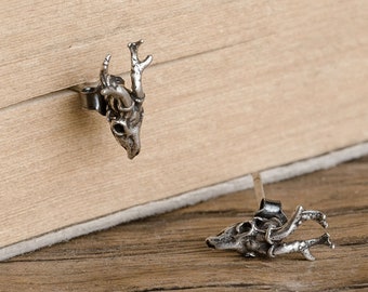 925 Sterling Silver Deer Earrings - Witchy Earrings - Stag Studs - Gothic Jewellery - Punk Studs - Animal Skull Stud Earrings