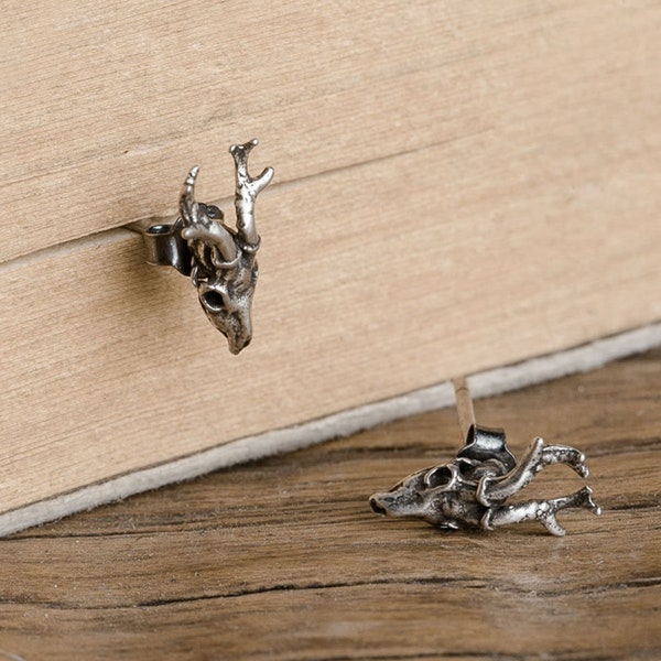 925 Sterling Silver Deer Earrings - Witchy Earrings - Stag Studs - Gothic Jewellery - Punk Studs - Animal Skull Stud Earrings