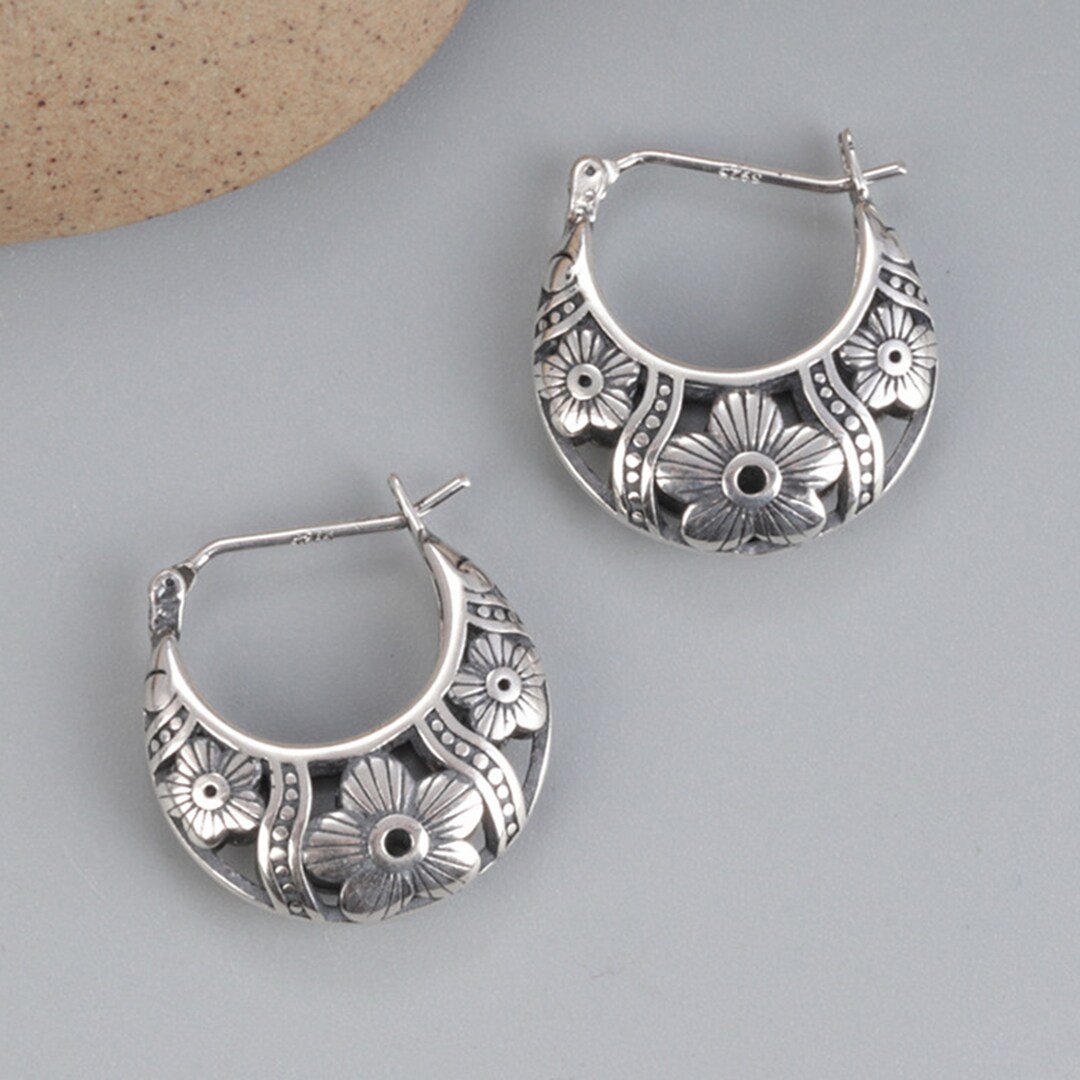 925 Sterling Silver Hoop Earrings, Filigree Vintage Hoop Earrings