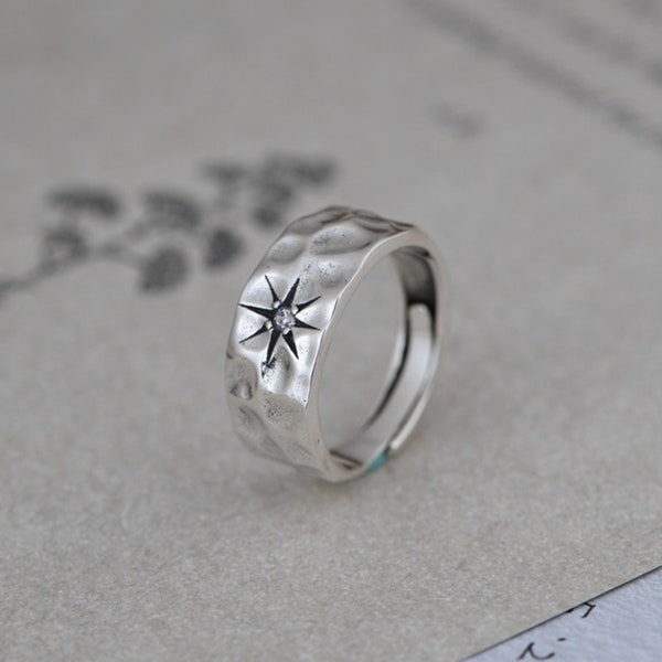 Hammered Star 925 Sterling Silver Punk Ring Gothic Ring Réglable Simple Silver Ring Open Boho Ring Hippie Ring Gift For Him Gift For Her