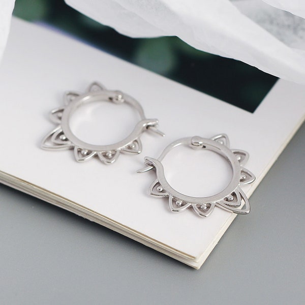 Mandala minimalist hoops, 925 Sterling silver huggie earrings, silver women's gift, boho earrings, bohemian earrings, bohemian earrings