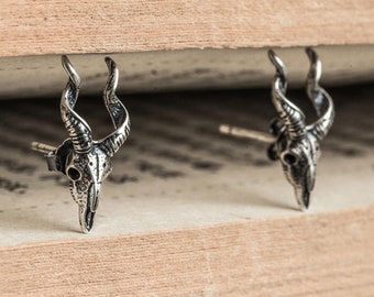 925 Sterling Silver Goat Earrings, Witchy Earrings, Stag Studs, Gothic Jewellery, Punk Studs Earrings, Animal Skull Jewelry, Gift for Her