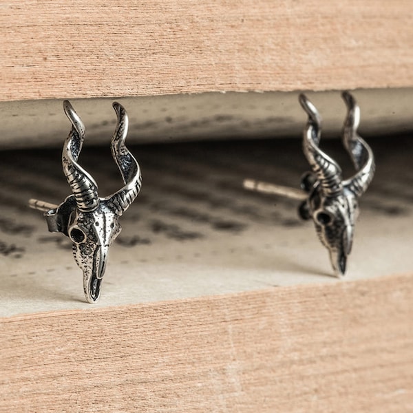 925 Sterling Silver Goat Earrings, Witchy Earrings, Stag Studs, Gothic Jewellery, Punk Studs Earrings, Animal Skull Jewelry, Gift for Her