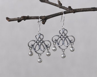 Vintage Dangling Silver Earrings, 925 Sterling Silver Art Nouveau Style Dangle Earrings, Silver Lever Back Ear Wire Drop Earrings E84