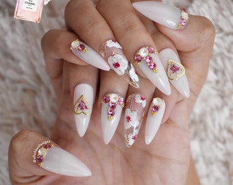 Blush Pastel Pink Flower Press On Nails | Kawaii Nails | Cute Nails | Princess Nails | Fake Nails | Stiletto Nails | Swarovski Nails