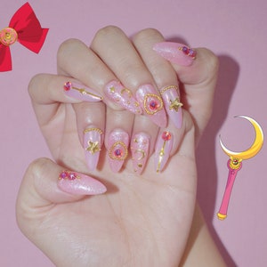 Pink Sailor Press On Nails | Kawaii Nails | Cute Nails | Princess Nails | Fake Nails | Stiletto Nails | Coffin Nails | Swarovski Nails