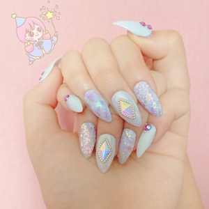 Blue Purple Press On Nails | Kawaii Nails | Cute Nails | Princess Nails | Fake Nails | Stiletto Nails | Coffin Nails | Swarovski Nails