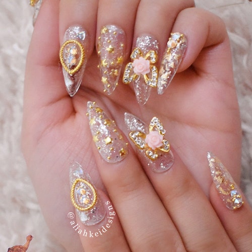 Clear Gold Silver Press On Nails Kawaii Nails Cute Nails Etsy