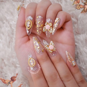 Clear Gold Silver Press On Nails | Kawaii Nails | Cute Nails | Princess Nails | Fake Nails | Stiletto Nails | Coffin Nails | Swarovski Nails