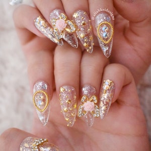 Clear Gold Silver Press On Nails Kawaii Nails Cute Nails Princess Nails Fake Nails Stiletto Nails Coffin Nails Swarovski Nails image 3