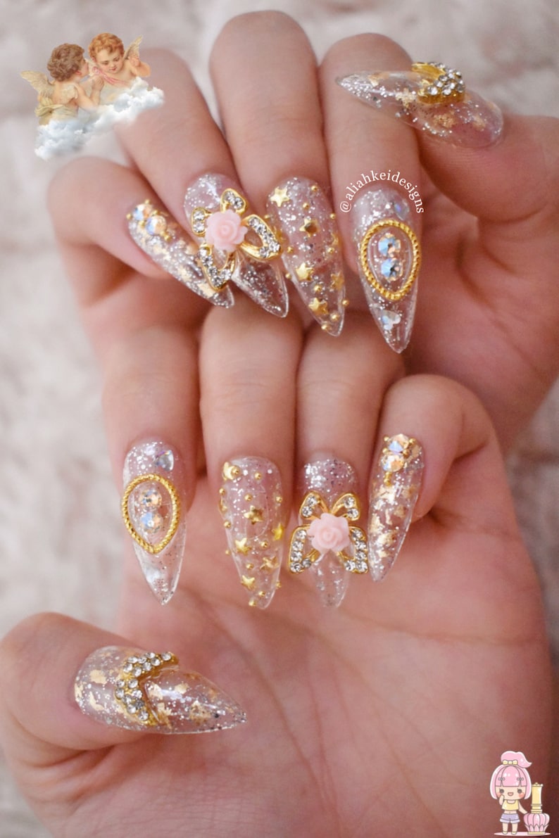 Clear Gold Silver Press On Nails Kawaii Nails Cute Nails Princess Nails Fake Nails Stiletto Nails Coffin Nails Swarovski Nails image 3