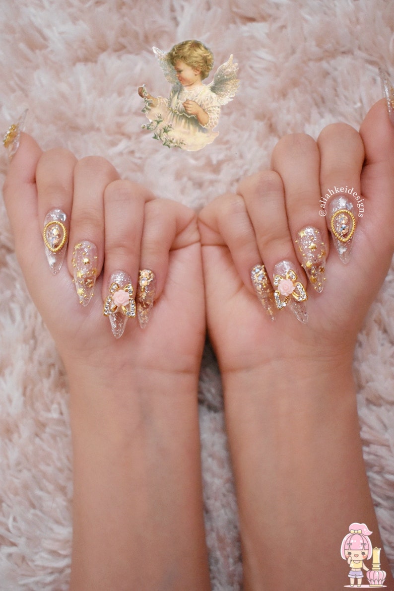 Clear Gold Silver Press On Nails Kawaii Nails Cute Nails Princess Nails Fake Nails Stiletto Nails Coffin Nails Swarovski Nails image 4