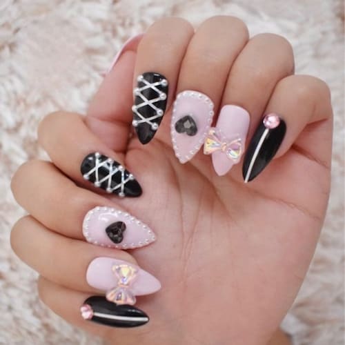 pink and black fake nails