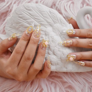 Clear Gold Silver Press On Nails Kawaii Nails Cute Nails Princess Nails Fake Nails Stiletto Nails Coffin Nails Swarovski Nails image 5