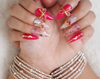 Magenta & Marble Press On Nails | Kawaii Nails | Cute Nails | Princess Nails |Sailor moon nails | Coffin Nails| Gel Nails| Stiletto