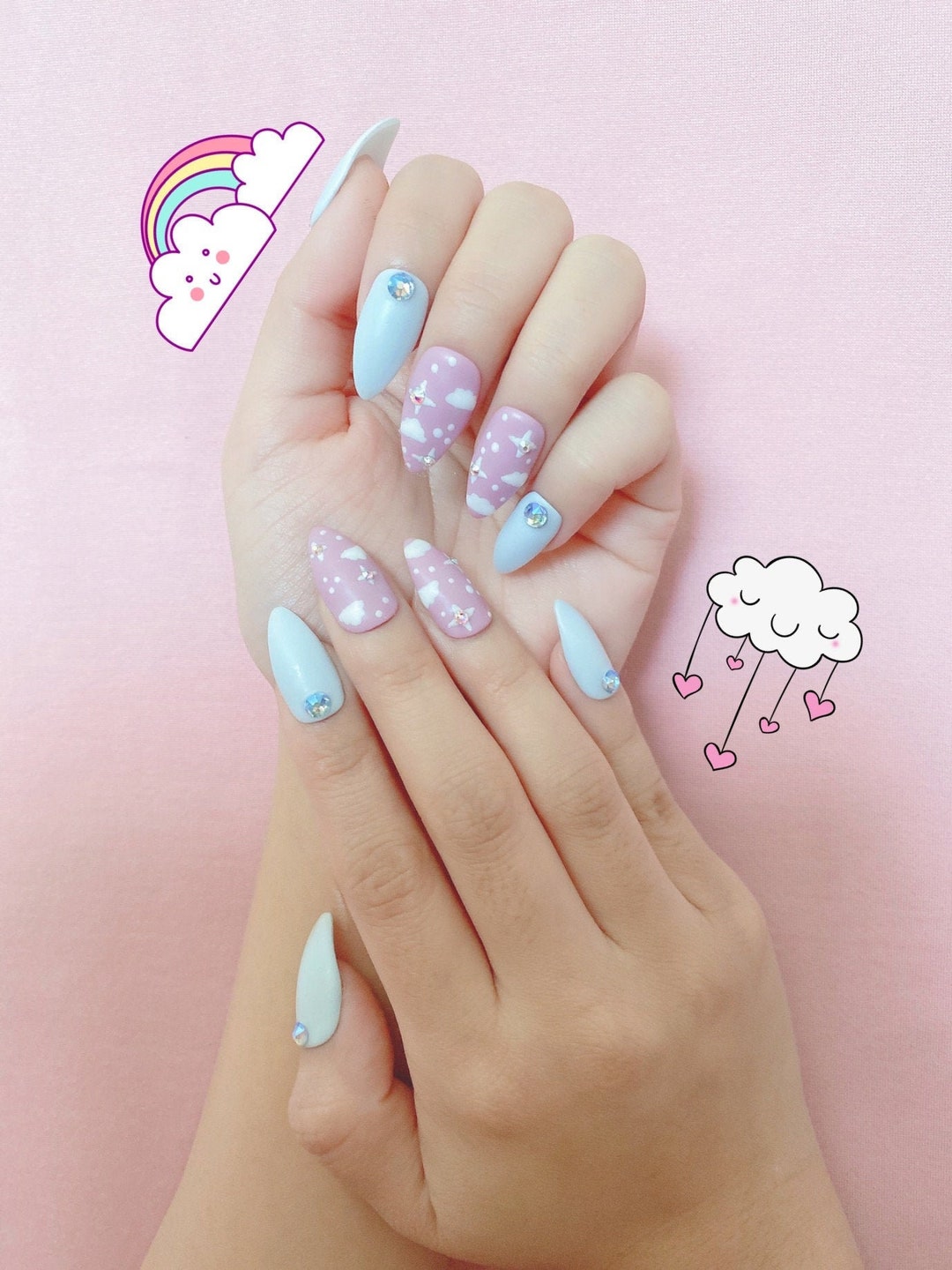 Blue & Mauve Pink Press on Nails Kawaii Nails Cute Nails Princess Nails