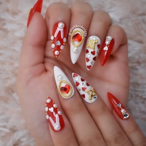 Valentine gift girl red heart nail art love nail gem nail red gold round  bead
