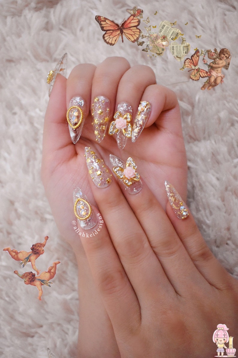 Clear Gold Silver Press On Nails Kawaii Nails Cute Nails Princess Nails Fake Nails Stiletto Nails Coffin Nails Swarovski Nails image 1