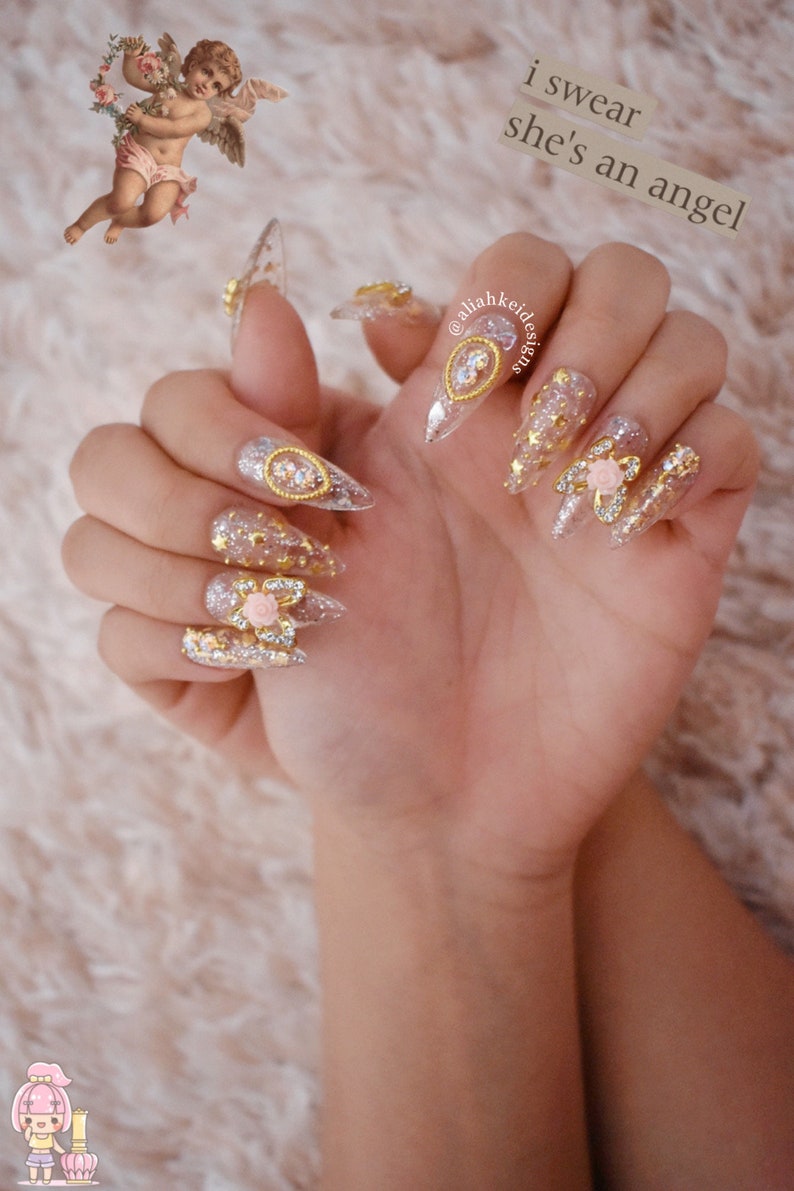 Clear Gold Silver Press On Nails Kawaii Nails Cute Nails Princess Nails Fake Nails Stiletto Nails Coffin Nails Swarovski Nails image 2