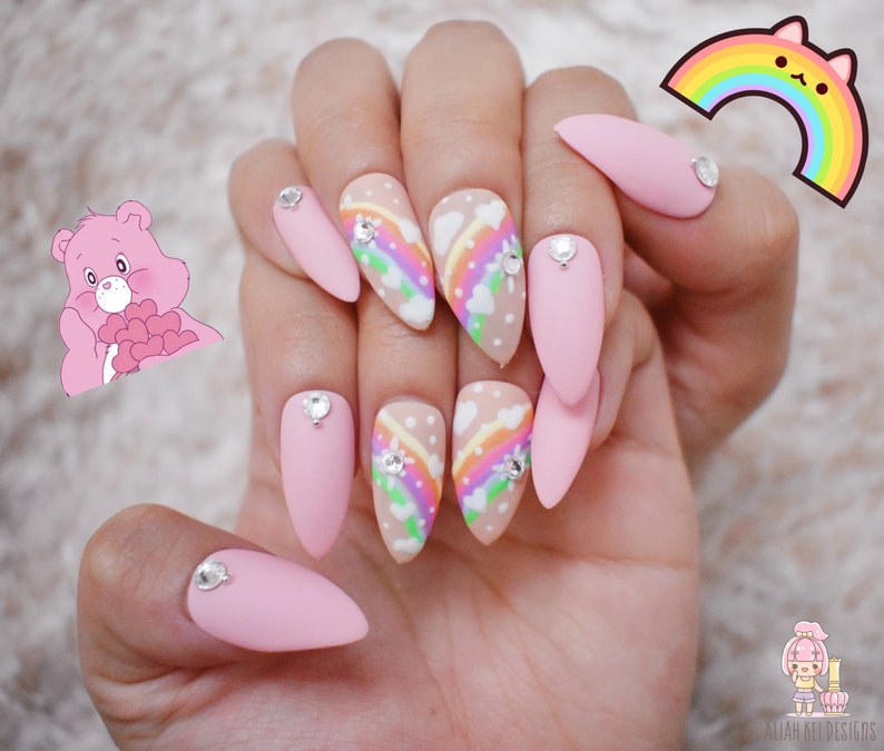 Pink Rainbow Press on Nails Kawaii Nails Cute Nails Etsy