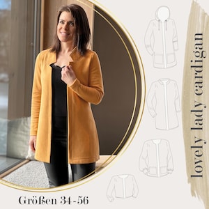 May include: A woman models a mustard-yellow cardigan with long sleeves and a collar. The image features line drawings of cardigan designs and the text "lovely lady cardigan" and "Größen 34-56".