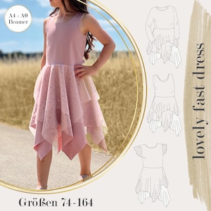 Könnte beinhalten: Ein rosa Kleid mit einem mehrlagigen Rock und einem glitzernden Overlay. Das Kleid hat einen runden Ausschnitt und ein ärmelloses Design. Das Bild enthält auch Kleidermuster-Illustrationen und den Text "lovely fast dress" und "Größen 74-164".